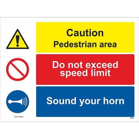 Caution Pedestrian Area/Do Not Exceed Speed Limit/ Sound Your Horn Sign - Safety Signs & Stickers | Borehamwood Signs