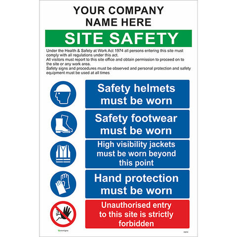 Site Safety Sign With Company Name / PPE / Unauthorised Entry - Safety Signs & Stickers | Borehamwood Signs