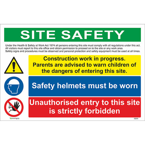Site Safety/Construction Work in Progress/Safety Helmets Must be Worn/ Unauthorised Entry Sign - Safety Signs & Stickers | Borehamwood Signs